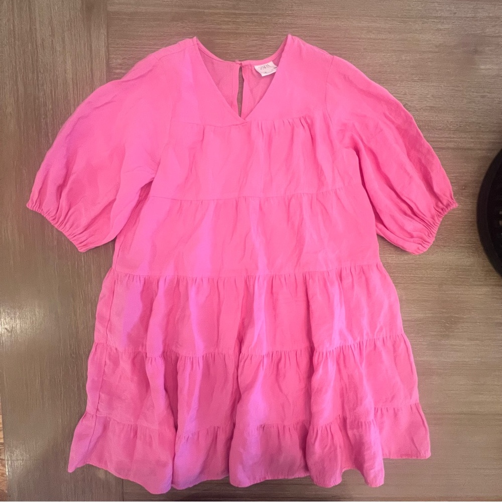 Zara Bright Pink Tiered V-Neck Dress